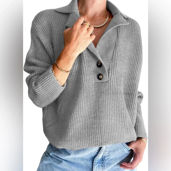 LILLUSORY Light Gray Henley Knitted Pullover Sweater Tops Size L EUC - Picture 1 of 5